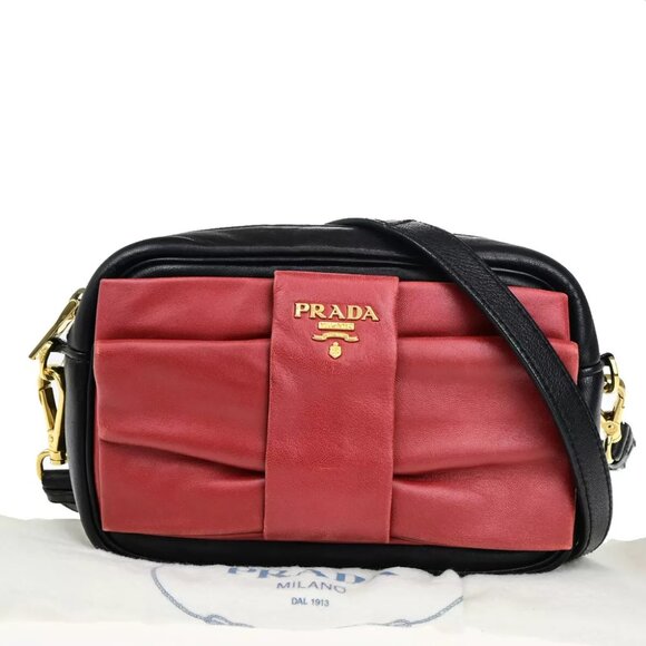 PRADA Logo Fiocco Bow Mini Crossbody Shoulder Bag Leather Black Red GHW 28YG621 - Picture 1 of 15